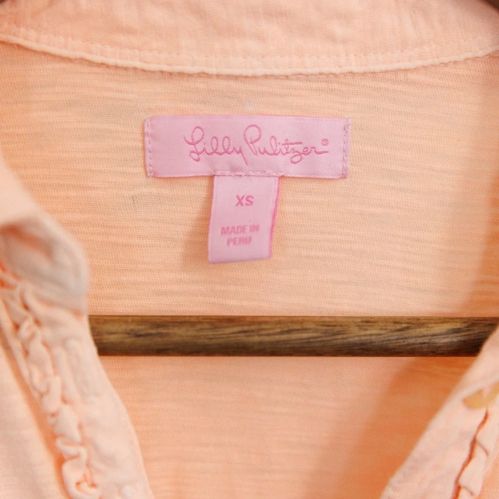 Lilly Pulitzer Womens XS Peach Pima Cotton Ruffle Slub Knit Polo Shirt Palm Tree